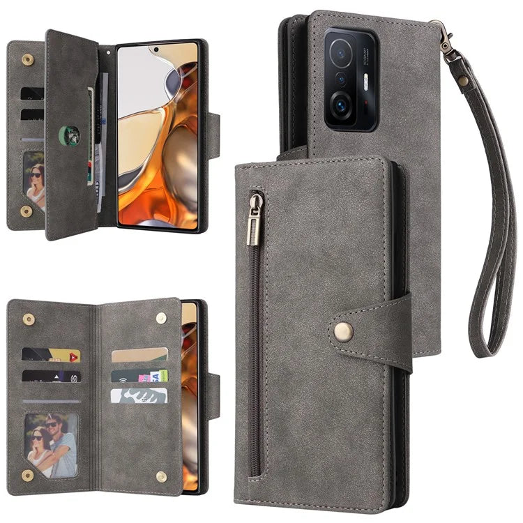 For Xiaomi 11T 5G / Xiaomi 11T Pro 5G Case Rivet Decor Leather Wallet Phone Cover with 9 Card Slots