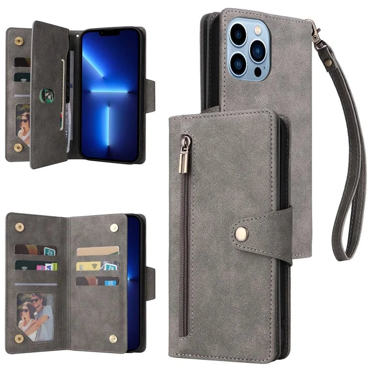 For iPhone 13 Pro Max Case Card Slots Leather Stand Phone Cover with Rivet Decor