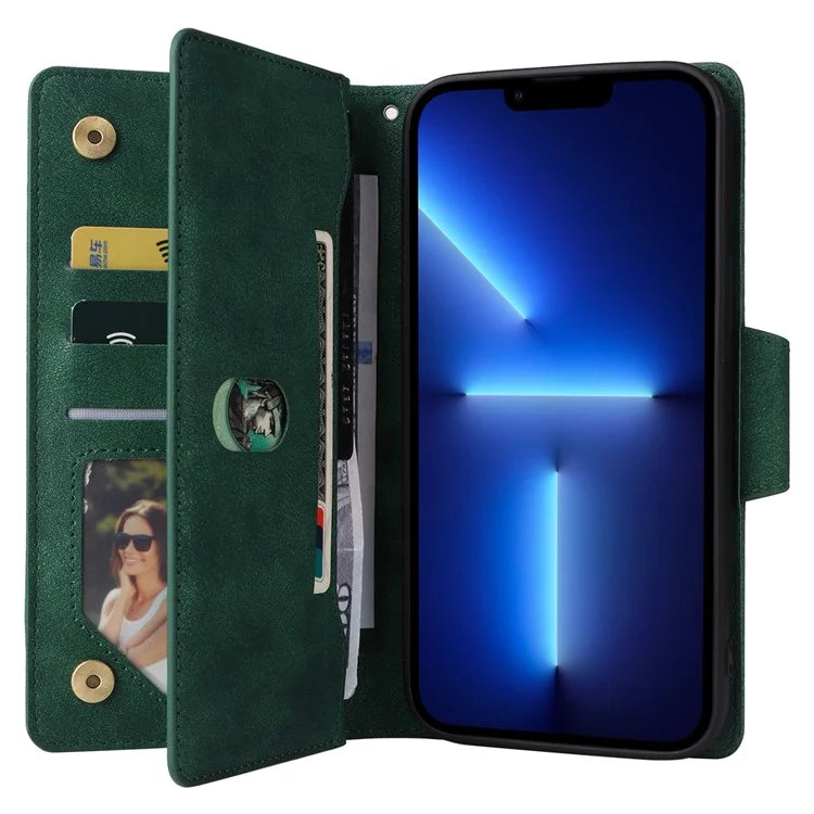 For iPhone 13 Pro Max Case Card Slots Leather Stand Phone Cover with Rivet Decor