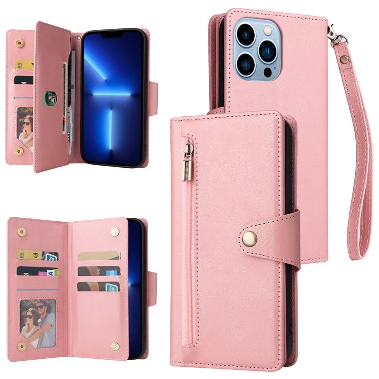 For iPhone 13 Pro Max Case Card Slots Leather Stand Phone Cover with Rivet Decor