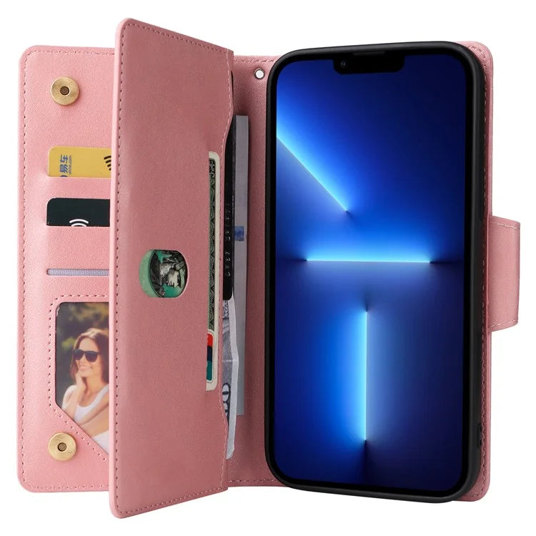 For iPhone 13 Pro Max Case Card Slots Leather Stand Phone Cover with Rivet Decor