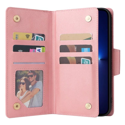 For iPhone 13 Pro Max Case Card Slots Leather Stand Phone Cover with Rivet Decor
