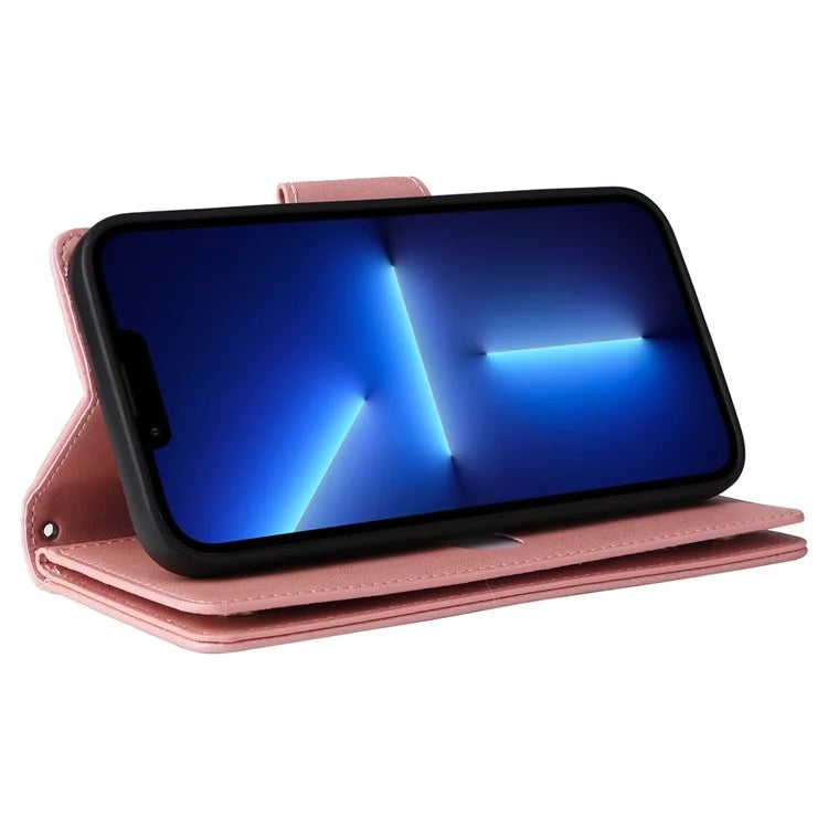 For iPhone 13 Pro Max Case Card Slots Leather Stand Phone Cover with Rivet Decor