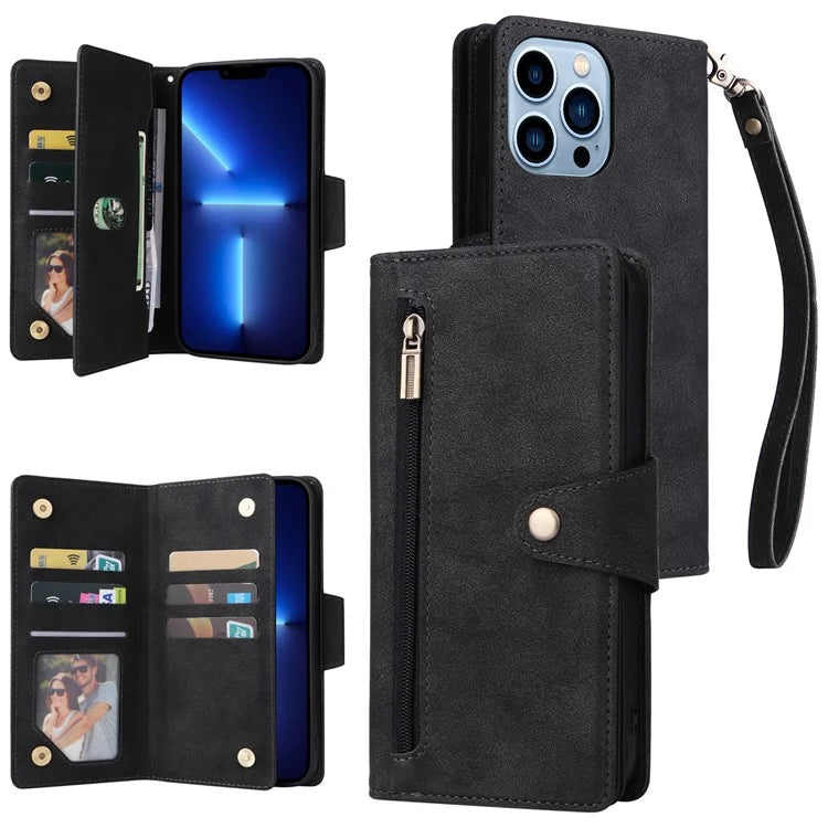 For iPhone 13 Pro Max Case Card Slots Leather Stand Phone Cover with Rivet Decor