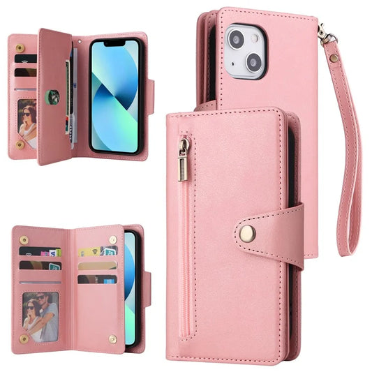 For iPhone 13 mini 5.4 inch Case PU Leather Rivet Decor Card Holder Wallet Phone Cover