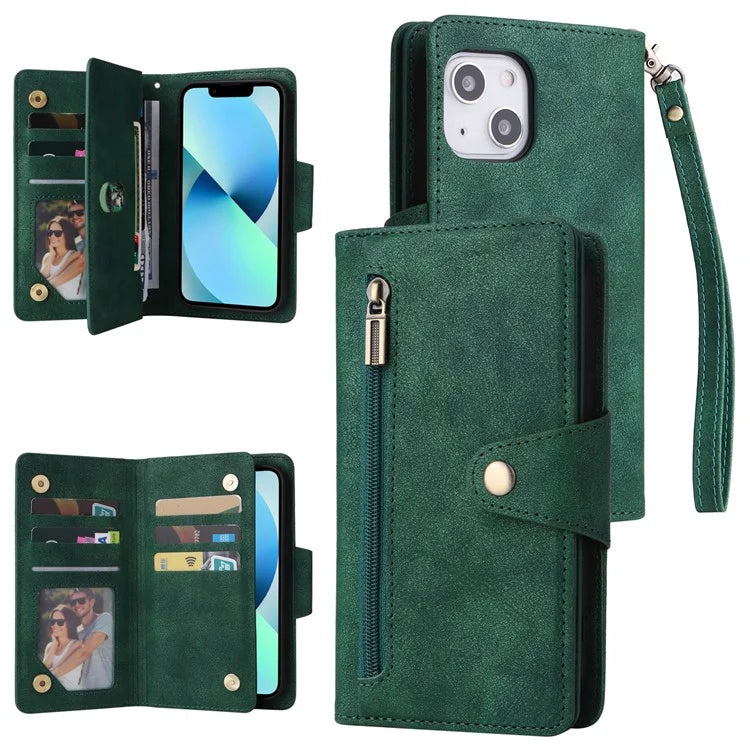 For iPhone 13 6.1 inch Case PU Leather Zipper Pocket Stand Phone Cover with Rivet Decor