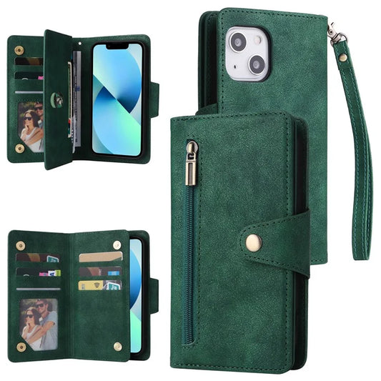 For iPhone 13 6.1 inch Case PU Leather Zipper Pocket Stand Phone Cover with Rivet Decor