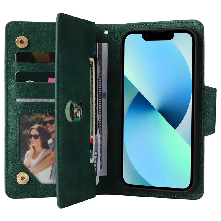For iPhone 13 6.1 inch Case PU Leather Zipper Pocket Stand Phone Cover with Rivet Decor