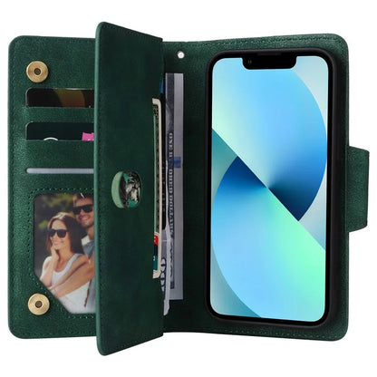 For iPhone 13 6.1 inch Case PU Leather Zipper Pocket Stand Phone Cover with Rivet Decor