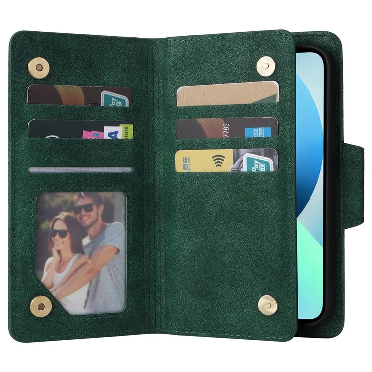 For iPhone 13 6.1 inch Case PU Leather Zipper Pocket Stand Phone Cover with Rivet Decor
