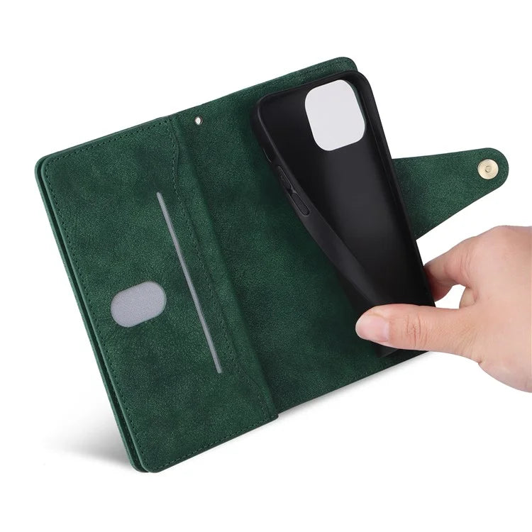 For iPhone 13 6.1 inch Case PU Leather Zipper Pocket Stand Phone Cover with Rivet Decor