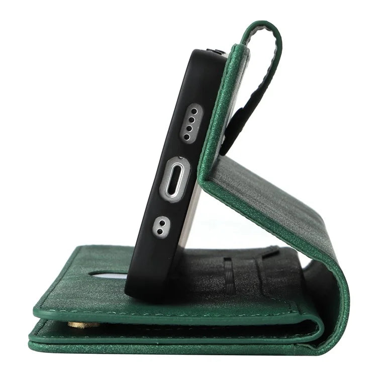 For iPhone 13 6.1 inch Case PU Leather Zipper Pocket Stand Phone Cover with Rivet Decor