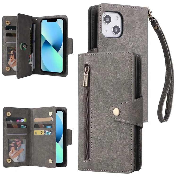 For iPhone 13 6.1 inch Case PU Leather Zipper Pocket Stand Phone Cover with Rivet Decor