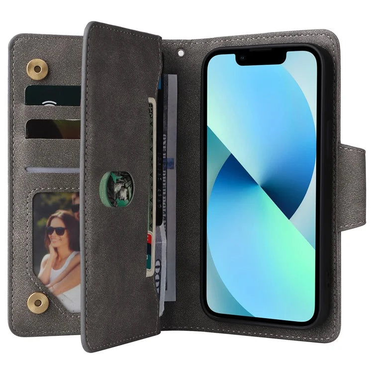 For iPhone 13 6.1 inch Case PU Leather Zipper Pocket Stand Phone Cover with Rivet Decor