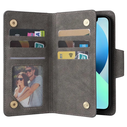 For iPhone 13 6.1 inch Case PU Leather Zipper Pocket Stand Phone Cover with Rivet Decor