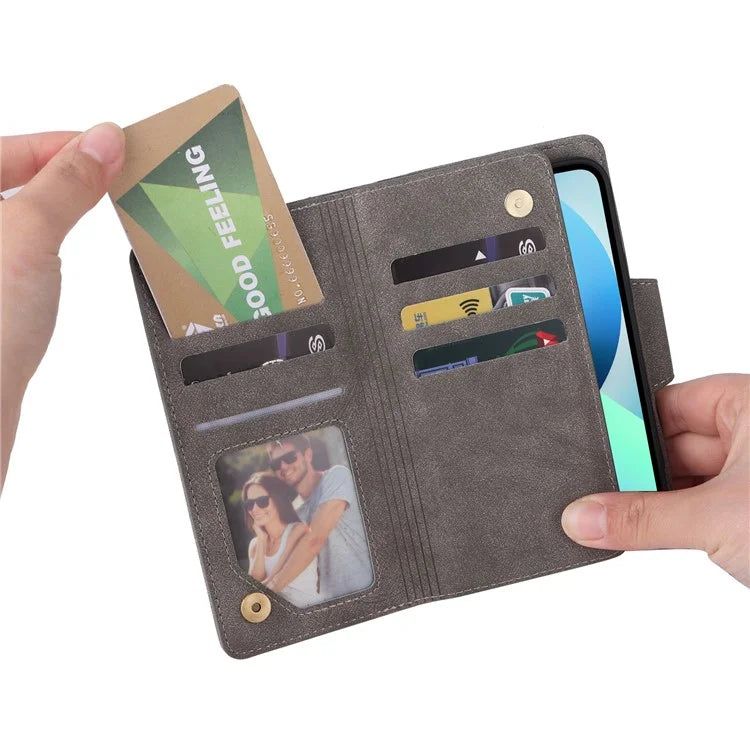 For iPhone 13 6.1 inch Case PU Leather Zipper Pocket Stand Phone Cover with Rivet Decor