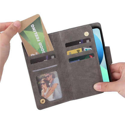 For iPhone 13 6.1 inch Case PU Leather Zipper Pocket Stand Phone Cover with Rivet Decor