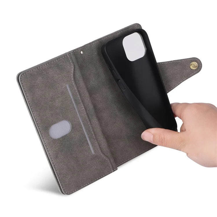 For iPhone 13 6.1 inch Case PU Leather Zipper Pocket Stand Phone Cover with Rivet Decor