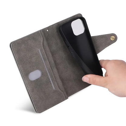 For iPhone 13 6.1 inch Case PU Leather Zipper Pocket Stand Phone Cover with Rivet Decor