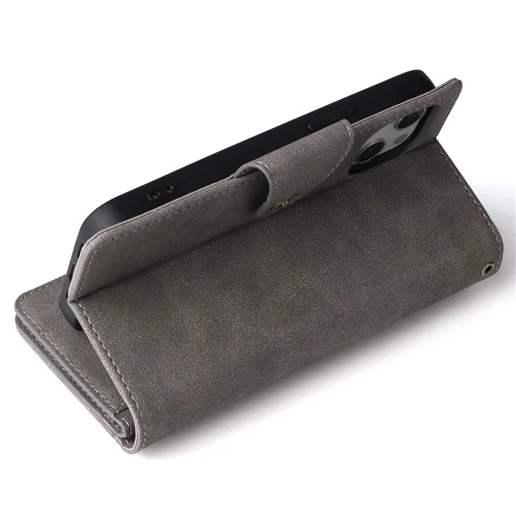 For iPhone 13 6.1 inch Case PU Leather Zipper Pocket Stand Phone Cover with Rivet Decor