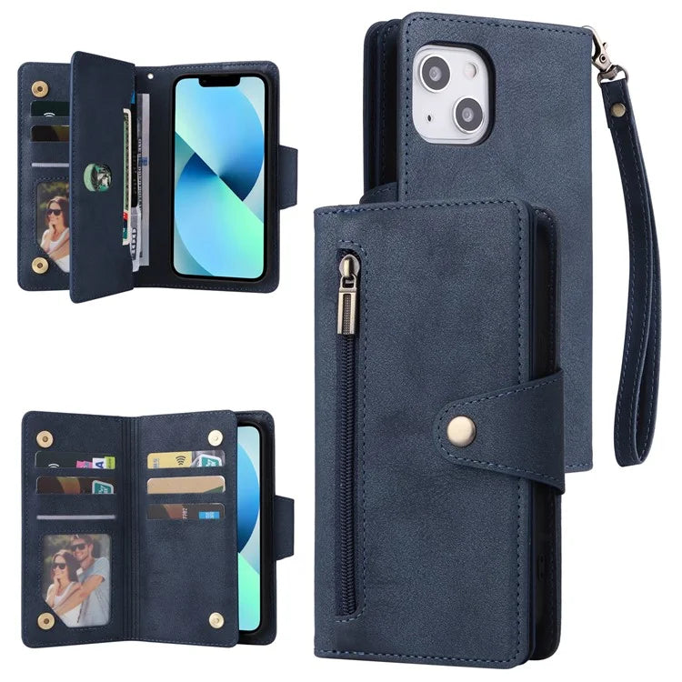 For iPhone 13 6.1 inch Case PU Leather Zipper Pocket Stand Phone Cover with Rivet Decor