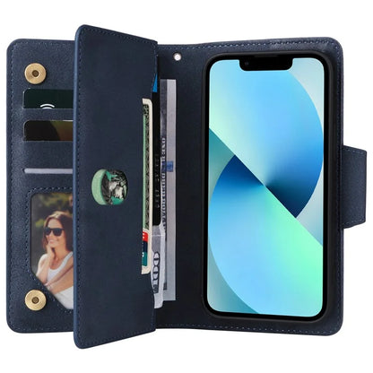 For iPhone 13 6.1 inch Case PU Leather Zipper Pocket Stand Phone Cover with Rivet Decor