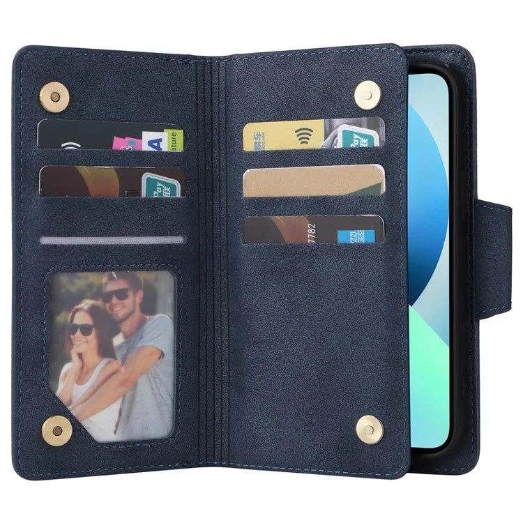 For iPhone 13 6.1 inch Case PU Leather Zipper Pocket Stand Phone Cover with Rivet Decor