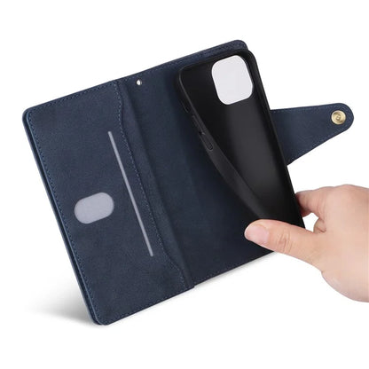For iPhone 13 6.1 inch Case PU Leather Zipper Pocket Stand Phone Cover with Rivet Decor