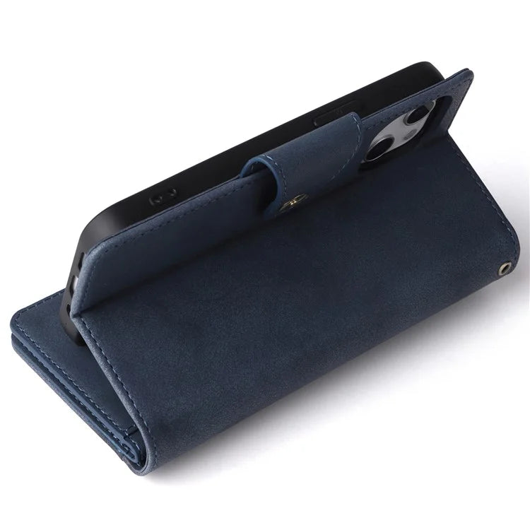 For iPhone 13 6.1 inch Case PU Leather Zipper Pocket Stand Phone Cover with Rivet Decor