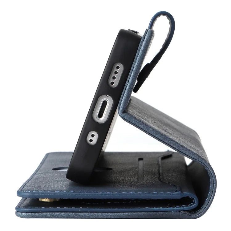 For iPhone 13 6.1 inch Case PU Leather Zipper Pocket Stand Phone Cover with Rivet Decor