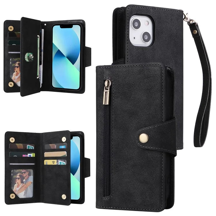For iPhone 13 6.1 inch Case PU Leather Zipper Pocket Stand Phone Cover with Rivet Decor