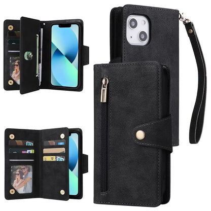 For iPhone 13 6.1 inch Case PU Leather Zipper Pocket Stand Phone Cover with Rivet Decor