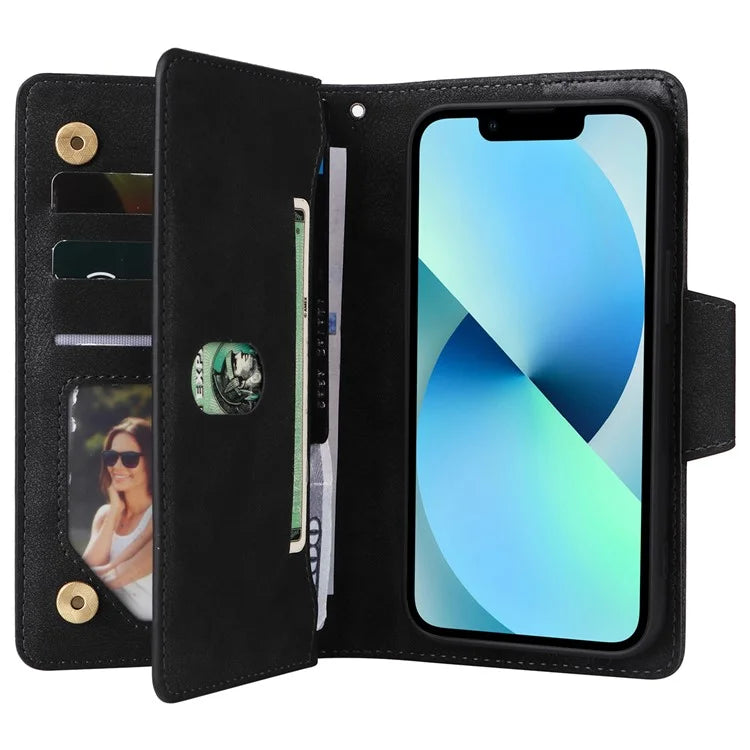 For iPhone 13 6.1 inch Case PU Leather Zipper Pocket Stand Phone Cover with Rivet Decor