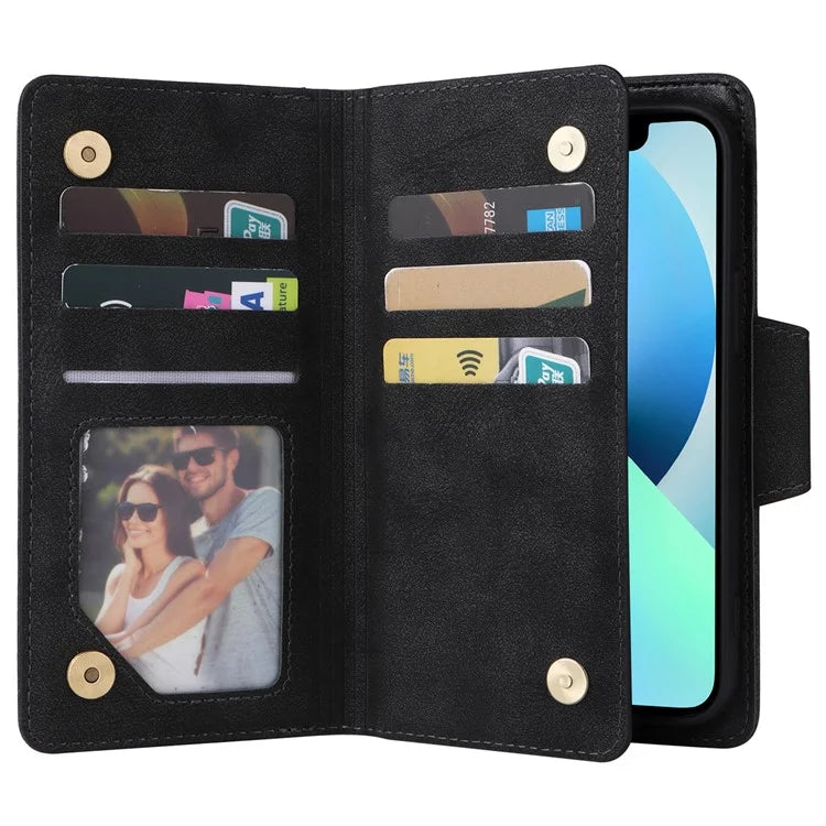 For iPhone 13 6.1 inch Case PU Leather Zipper Pocket Stand Phone Cover with Rivet Decor