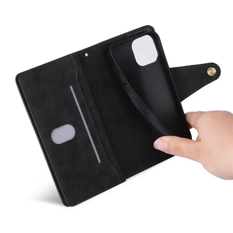 For iPhone 13 6.1 inch Case PU Leather Zipper Pocket Stand Phone Cover with Rivet Decor
