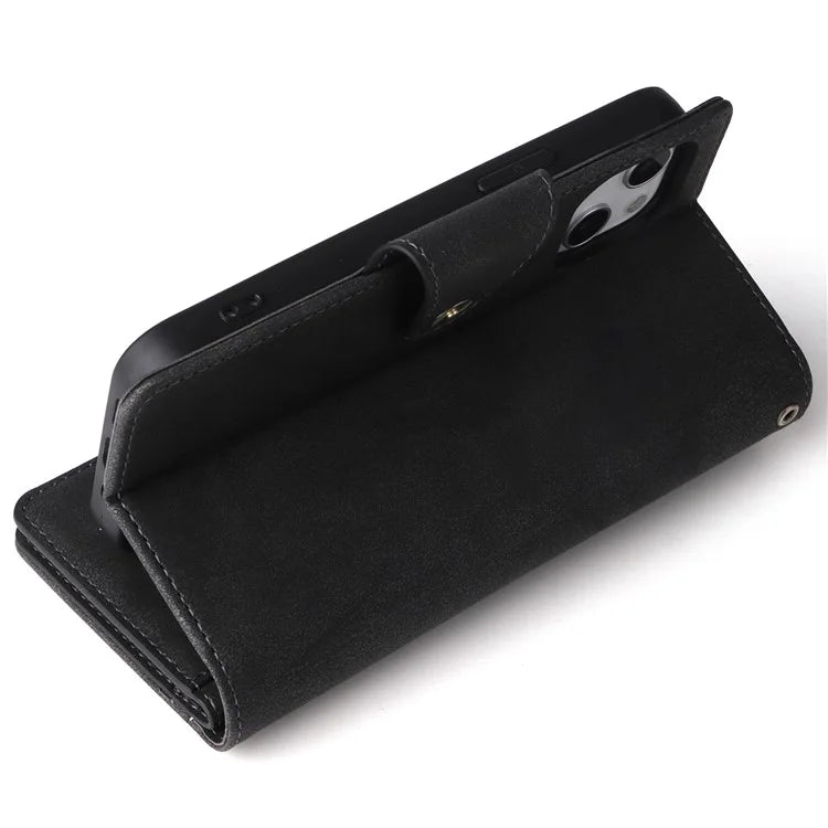 For iPhone 13 6.1 inch Case PU Leather Zipper Pocket Stand Phone Cover with Rivet Decor