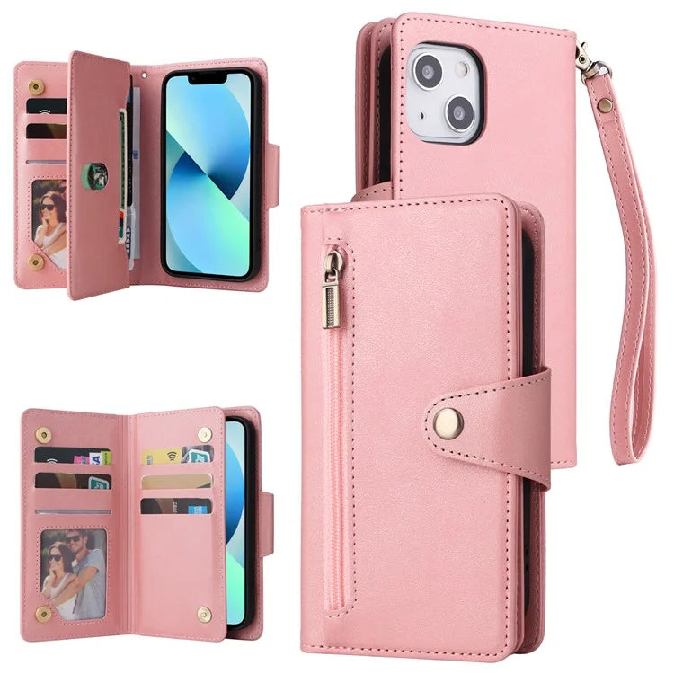 For iPhone 13 6.1 inch Case PU Leather Zipper Pocket Stand Phone Cover with Rivet Decor