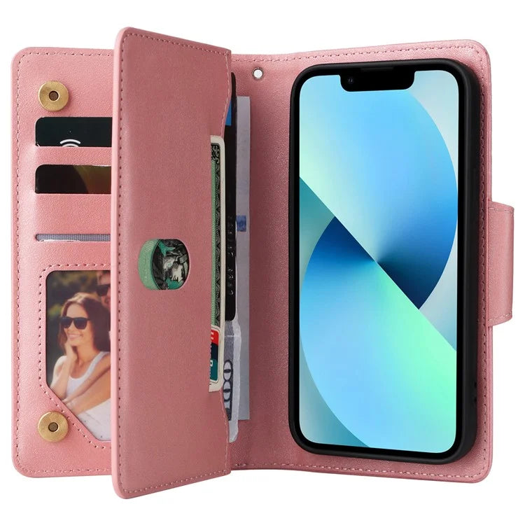 For iPhone 13 6.1 inch Case PU Leather Zipper Pocket Stand Phone Cover with Rivet Decor