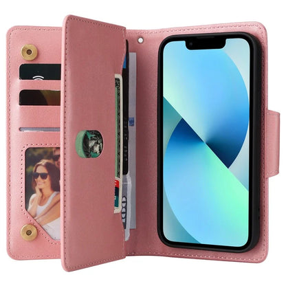 For iPhone 13 6.1 inch Case PU Leather Zipper Pocket Stand Phone Cover with Rivet Decor