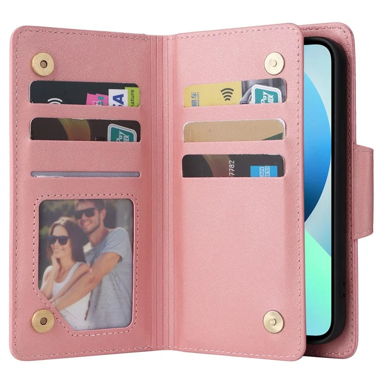 For iPhone 13 6.1 inch Case PU Leather Zipper Pocket Stand Phone Cover with Rivet Decor