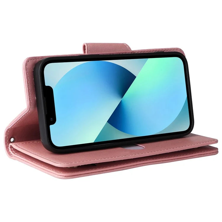 For iPhone 13 6.1 inch Case PU Leather Zipper Pocket Stand Phone Cover with Rivet Decor