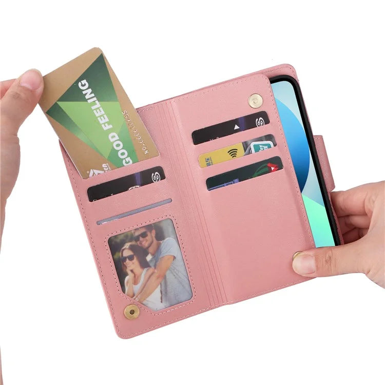For iPhone 13 6.1 inch Case PU Leather Zipper Pocket Stand Phone Cover with Rivet Decor