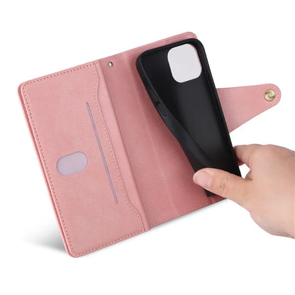 For iPhone 13 6.1 inch Case PU Leather Zipper Pocket Stand Phone Cover with Rivet Decor