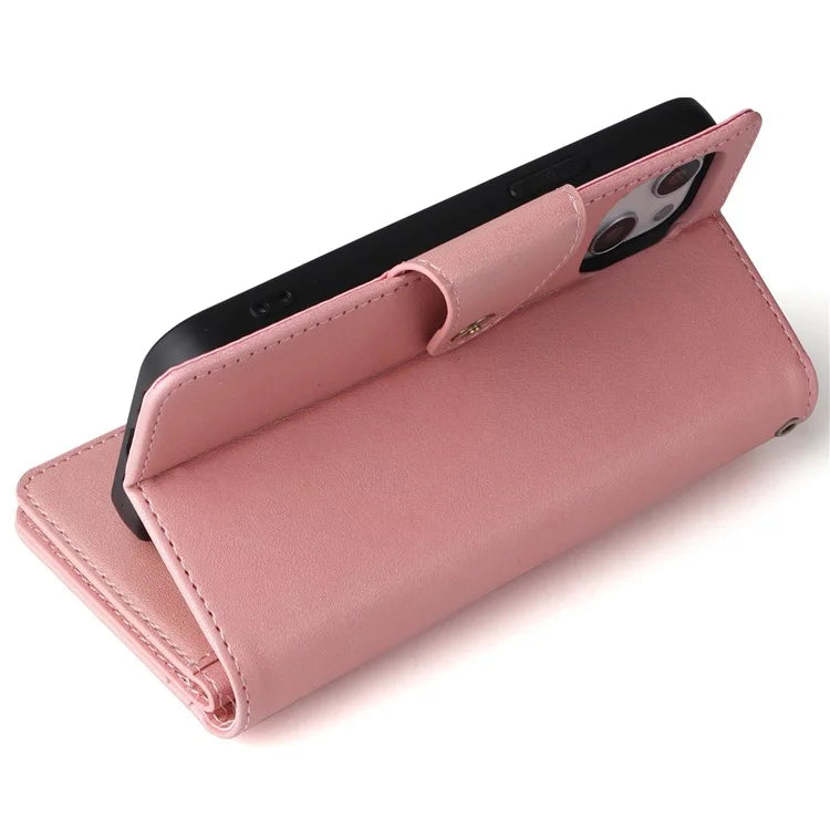 For iPhone 13 6.1 inch Case PU Leather Zipper Pocket Stand Phone Cover with Rivet Decor