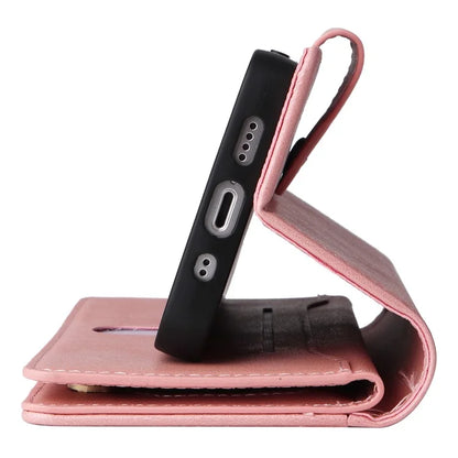 For iPhone 13 6.1 inch Case PU Leather Zipper Pocket Stand Phone Cover with Rivet Decor