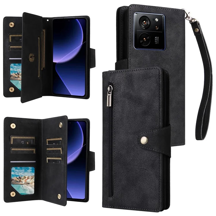 For Xiaomi Redmi K60 Ultra / 13T / 13T Pro Magnetic Case Rivet Decor PU Leather Zipper Wallet Cover