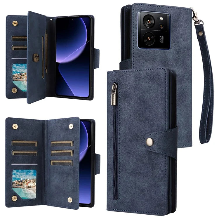 For Xiaomi Redmi K60 Ultra / 13T / 13T Pro Magnetic Case Rivet Decor PU Leather Zipper Wallet Cover
