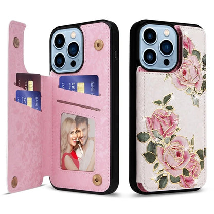 For iPhone 13 Pro Max Case Kickstand Card Slots Anti-Dorp Phone Shell Flower