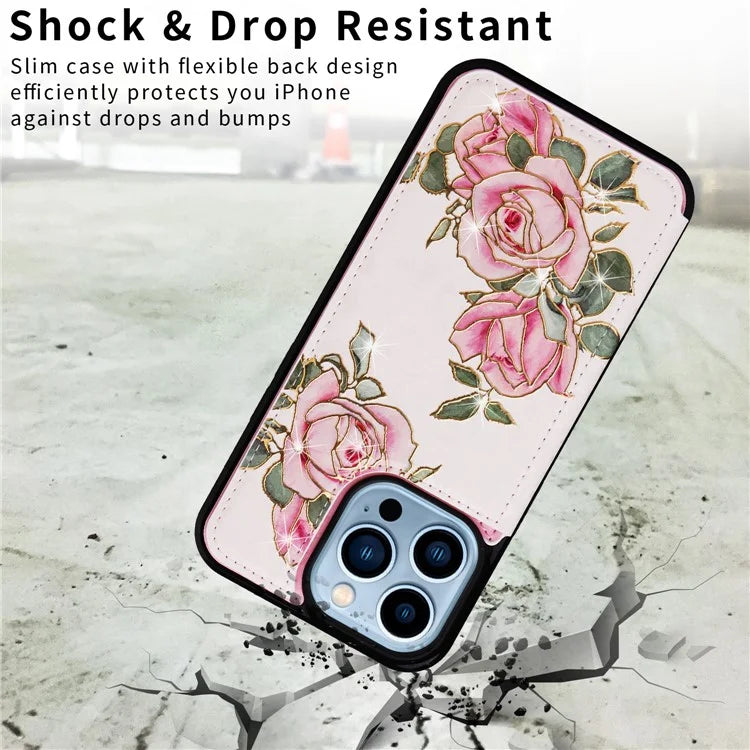 For iPhone 13 Pro Max Case Kickstand Card Slots Anti-Dorp Phone Shell Flower
