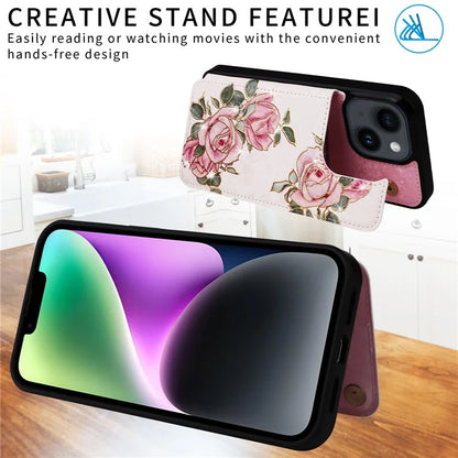 For iPhone 14 Case Pattern Printing Card Slots Phone Shell with Kickstand Flower